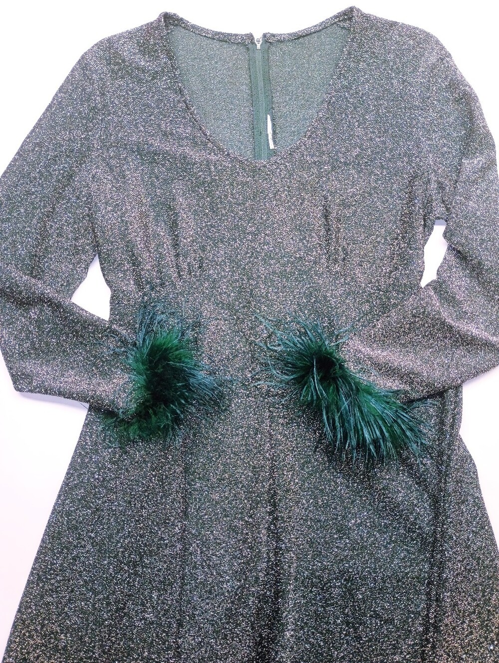 70's Vintage Sparkly Emerald Lurex Empire Waist Maxi Gown With Feather Cuffs